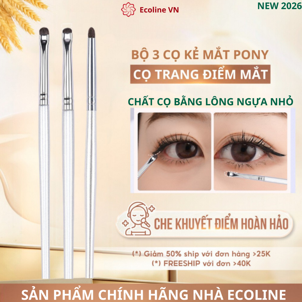 Ecoline bộ 3 cọ kẻ mắt pony màu bạc cọ che khuyết điểm cọ bắt sáng kẻ viền hạ góc mắt lông ngựa con