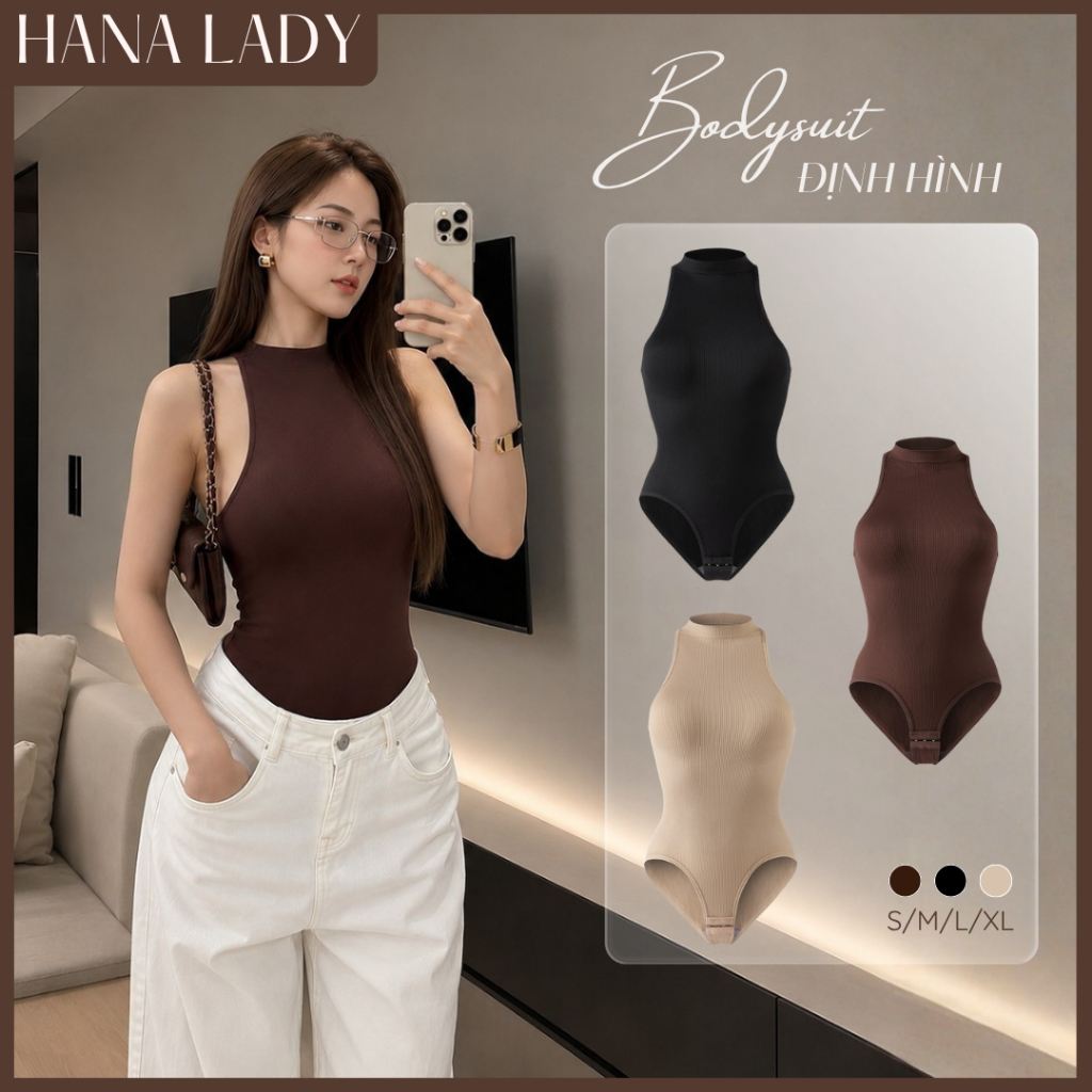 Áo Bodysuit Cổ Lọ Định Hình Cơ Thể Tạo Thắt Eo Tôn Dáng Chất Thun Gân Co Giãn SH03