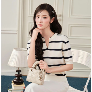 Áo len nữ ngắn tay cổ chữ V chất liệu cải tiến phối họa tiết kẻ ngang mặc mùa hè ALC606 300G