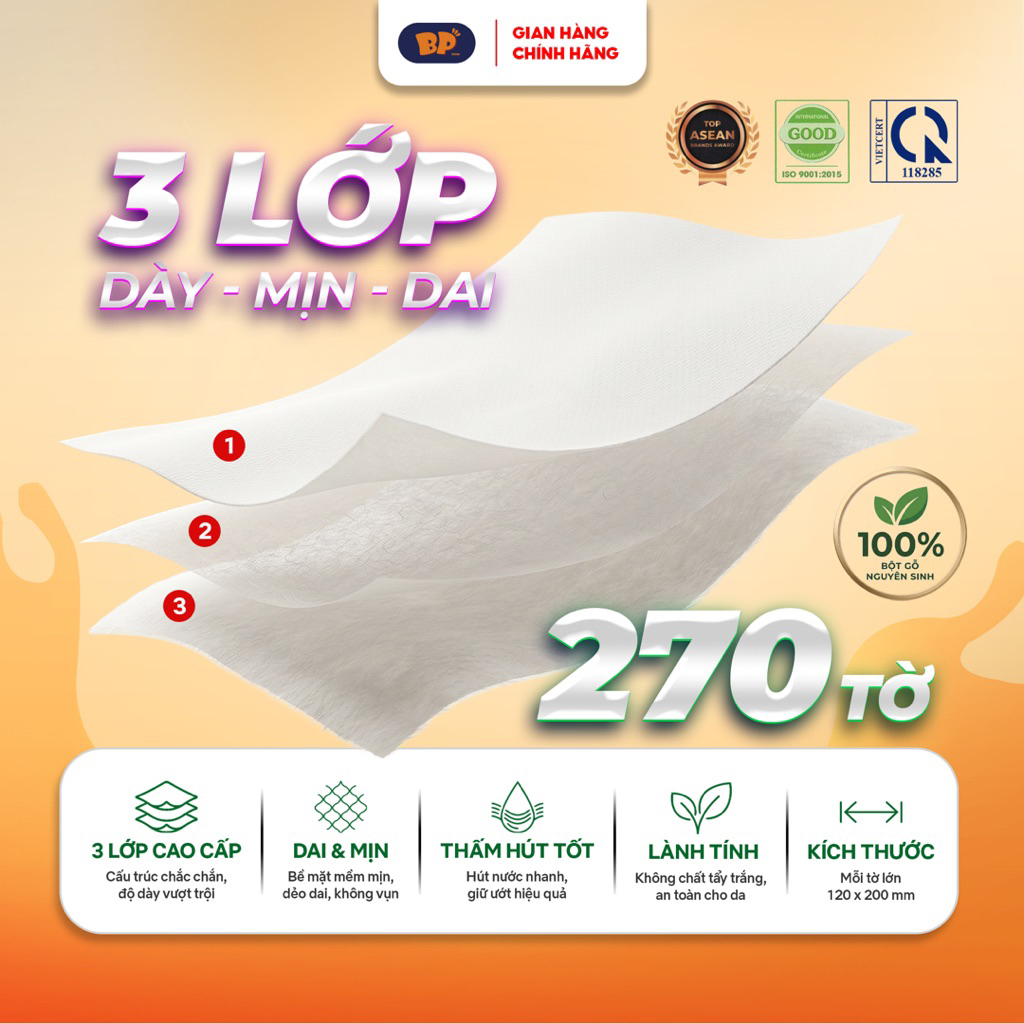 Thùng 30 Gói Giấy Rút Cao Cấp BP Tissue 270 Tờ Chất Liệu Nguyên Sinh Mềm Mịn An Toàn Cho Da
