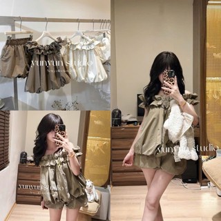 Set Bộ Đồ Nữ Gió Phồng 2 Lớp Áo Trễ Vai Chạy Bèo Gấu Phồng Mix Quần Váy Bí Dáng Ngắn