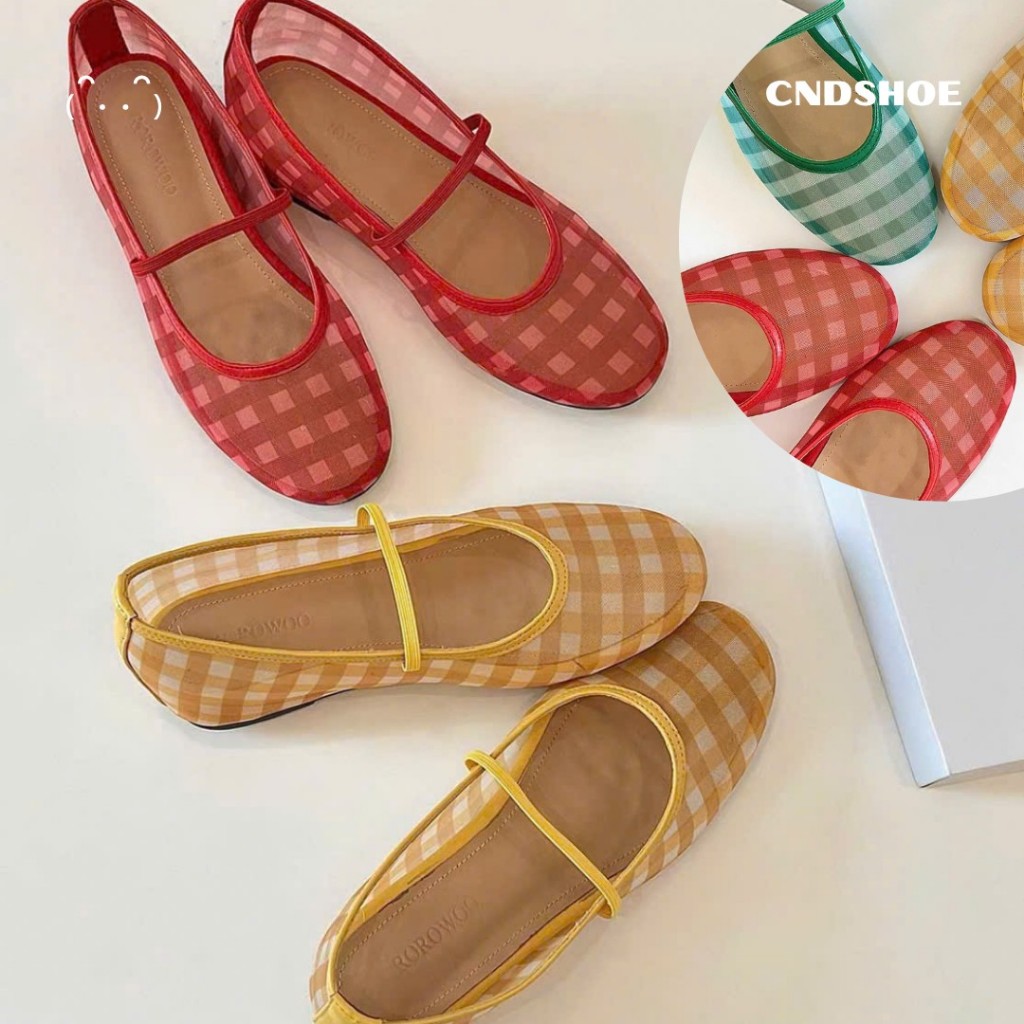 (HỎA TỐC) Giày búp bê lưới caro màu sắc cndshoe, Giày đế bằng kẻ sọc bale thoáng khí - MAJU SHOE