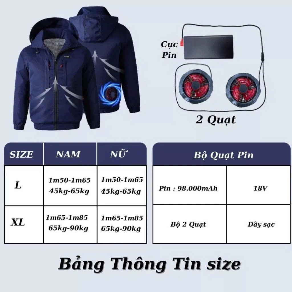 Áo Điều Hoà 2 Quạt Chính Hãng, Áo Khoác Kaki Dày Dặn Có Quạt Điều Hoà Mát Lạnh Pin Trâu Dùng 48H