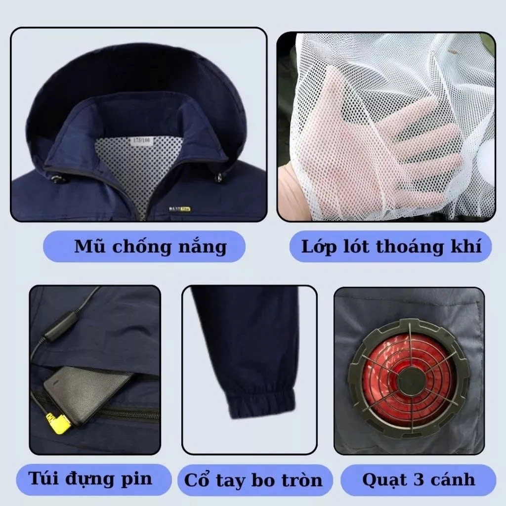 Áo Điều Hoà Kaki Chống Nắng Có Mũ Pin Khủng 98.000mAh Dùng Cả Ngày, Áo Chống Nắng 2 Quạt Chính Hãng