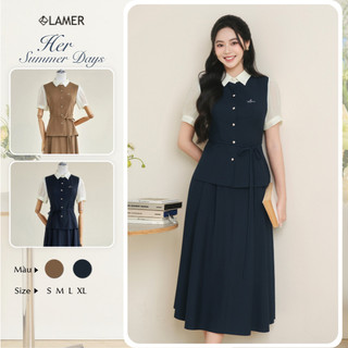 Áo Kiểu Nữ Sơ Mi LAMER FASHION Ngắn Tay Nơ Eo Phối Tay Phối Chân Váy Công Sở Xoè Chun Sau HSD O61H26H010 O62L26Q006