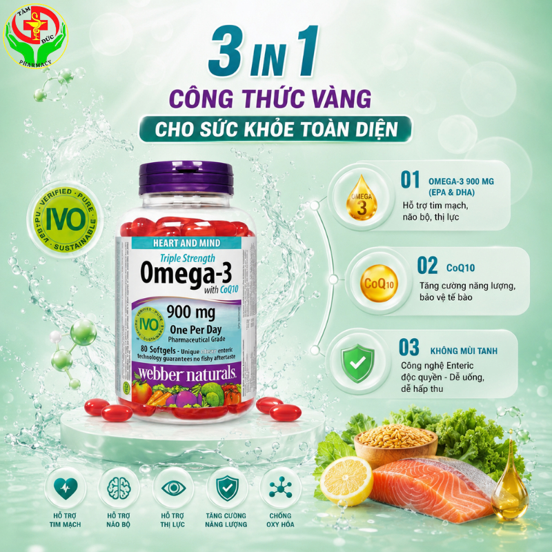 Viên Uống Dầu Cá Triple Strength Omega 3 with CoQ10 900mg Webber Naturals (Hộp 80 Viên)