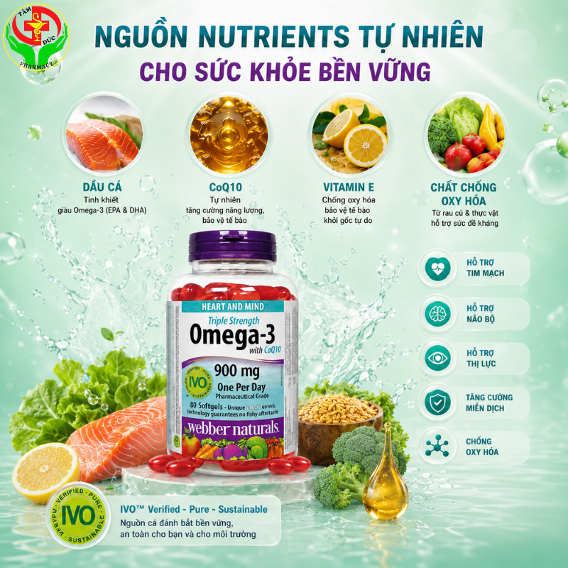 Viên Uống Dầu Cá Triple Strength Omega 3 with CoQ10 900mg Webber Naturals (Hộp 80 Viên)
