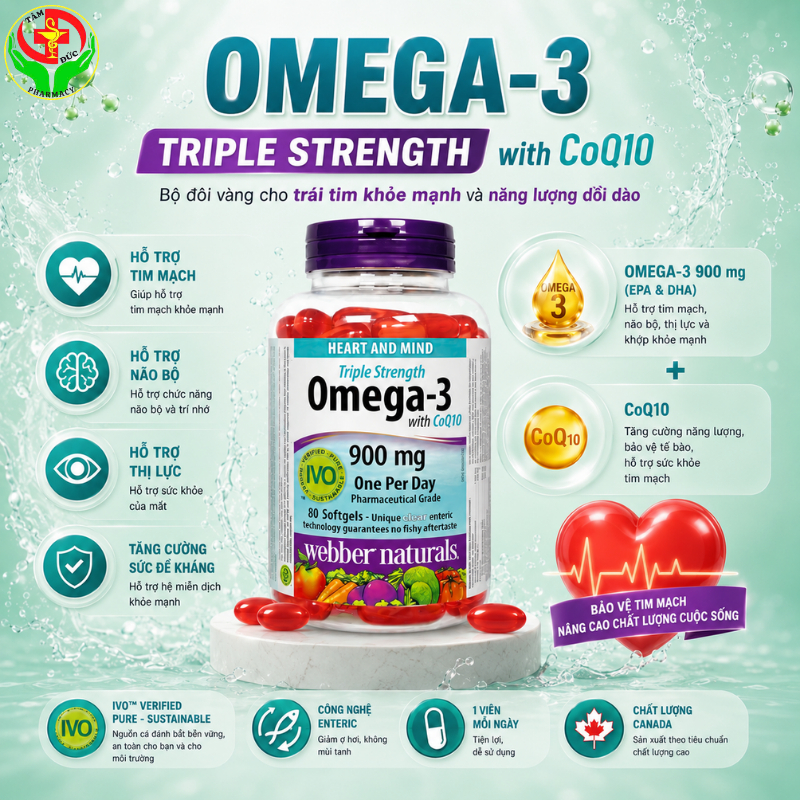 Viên Uống Dầu Cá Triple Strength Omega 3 with CoQ10 900mg Webber Naturals (Hộp 80 Viên)