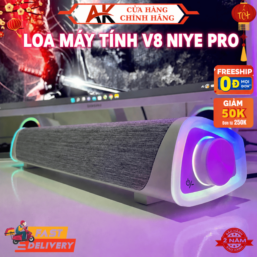 Loa Máy Tính Bluetooth Soundbar V8 NIYE Có Dây Cắm, Led RGB, Âm Thanh Vòm 8D Sống Động Cực Hay