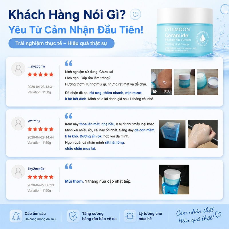 Kem dưỡng trắng da Ceramide LYDIMOON cấp ẩm sâu phục hồi hàng rào làm mềm da khô ráp căng mịn dành cho da nhạy cảm 50g