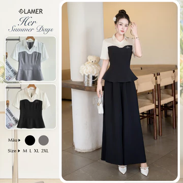 Áo Kiểu Nữ LAMER FASHION Công Sở Peplum Chiết Eo Phối Quần Công Sở Nữ Ống Rộng Chun Sau HSD O61B25Q003 O64W25Q003