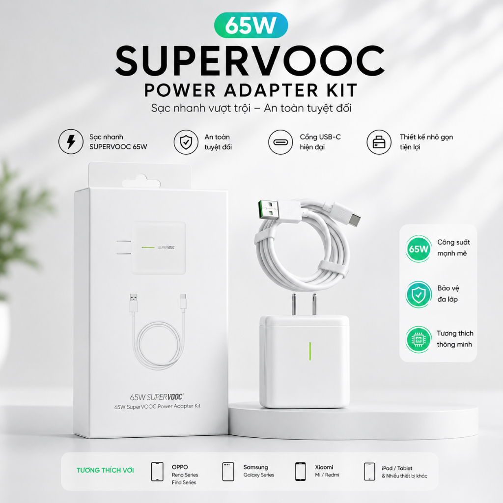 Bộ Sạc Nhanh SuperVOOC 65W-80W-100W-120W Cho Oppo, Realme, OnePlus Kèm Cáp Sạc Siêu Nhanh