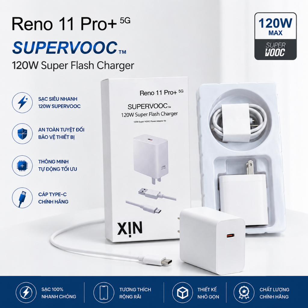 Bộ Sạc Nhanh SuperVOOC 65W-80W-100W-120W Cho Oppo, Realme, OnePlus Kèm Cáp Sạc Siêu Nhanh