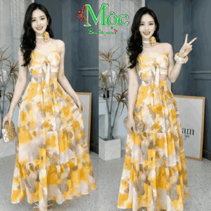 Set váy dài, set Voan Loang vàng áo có mút ngực phối váy dài kèm phụ kiện hoa cổ nàng thơ (QC)