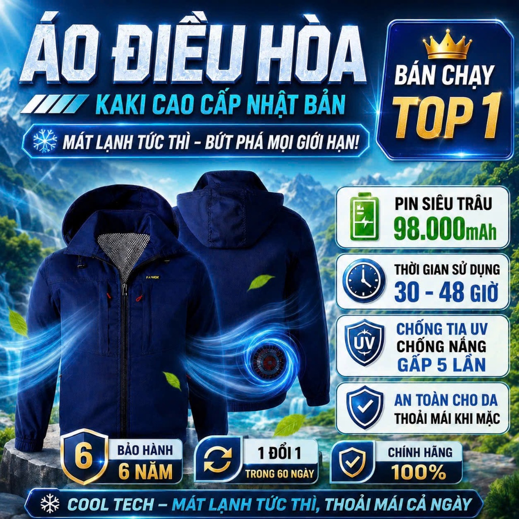 Áo Điều Hoà Kaki Chống Nắng Có Mũ Pin Khủng 98.000mAh Dùng Cả Ngày, Áo Chống Nắng 2 Quạt Chính Hãng