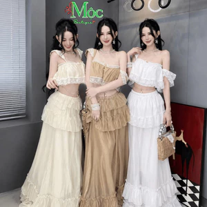 Set váy dài, set Tơ 2 lớp phối Ren nổi + chân váy Xoè 2 tầng nữ tính sang chảnh chuẩn mẫu cao cấp