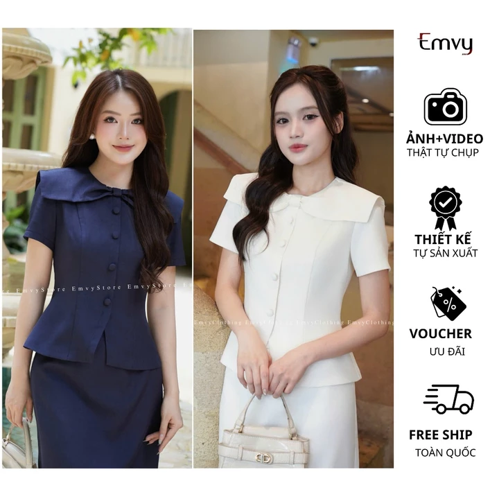 Áo Peplum Công Sở Nữ: Thiết kế cổ phối nơ, kiểu chiết eo che bụng, chất Chéo Ý 2 lớp lót lụa Emvy Fashion H65