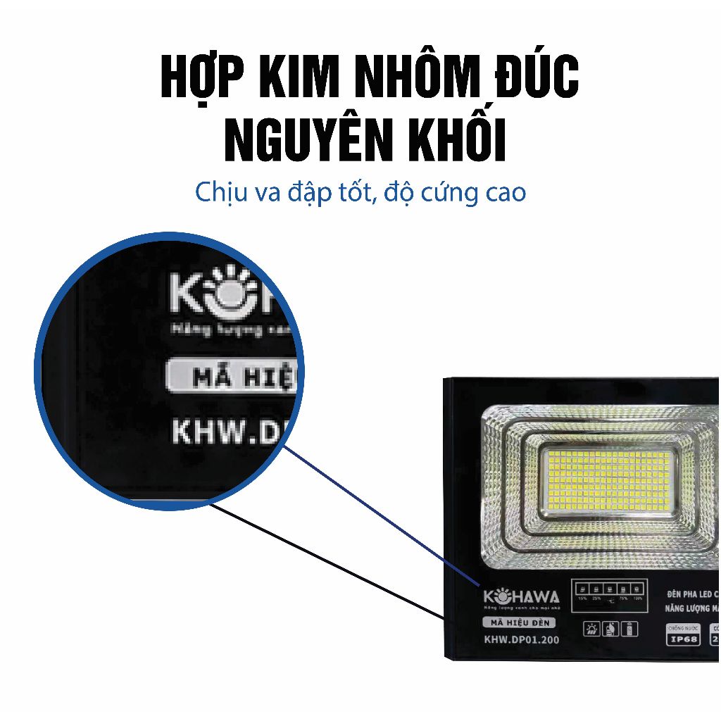 Đèn Pha LED Năng Lượng Mặt Trời 200W KOHAWA- vỏ hợp kim nhôm bền bỉ - Chống Nước IP68, Pin 20.000mAh -K.DP01.200