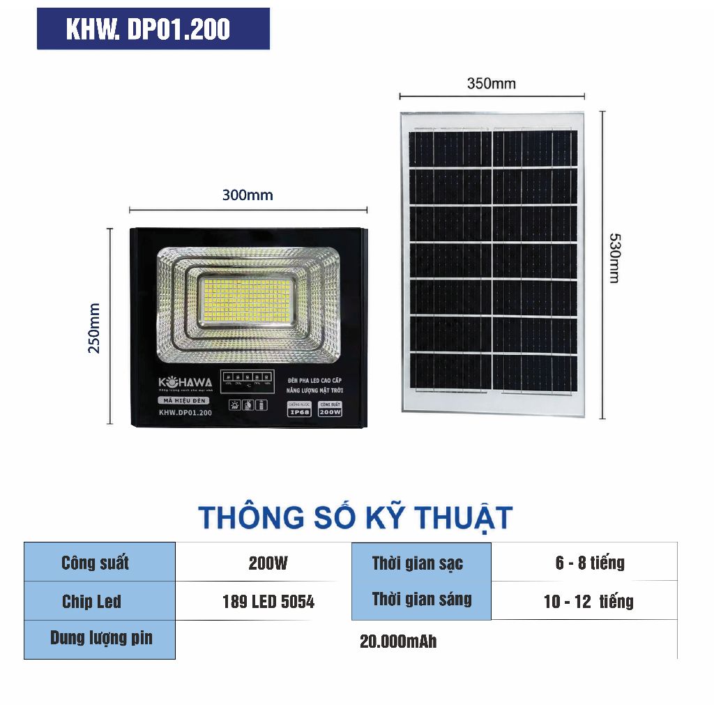 Đèn Pha LED Năng Lượng Mặt Trời 200W KOHAWA- vỏ hợp kim nhôm bền bỉ - Chống Nước IP68, Pin 20.000mAh -K.DP01.200
