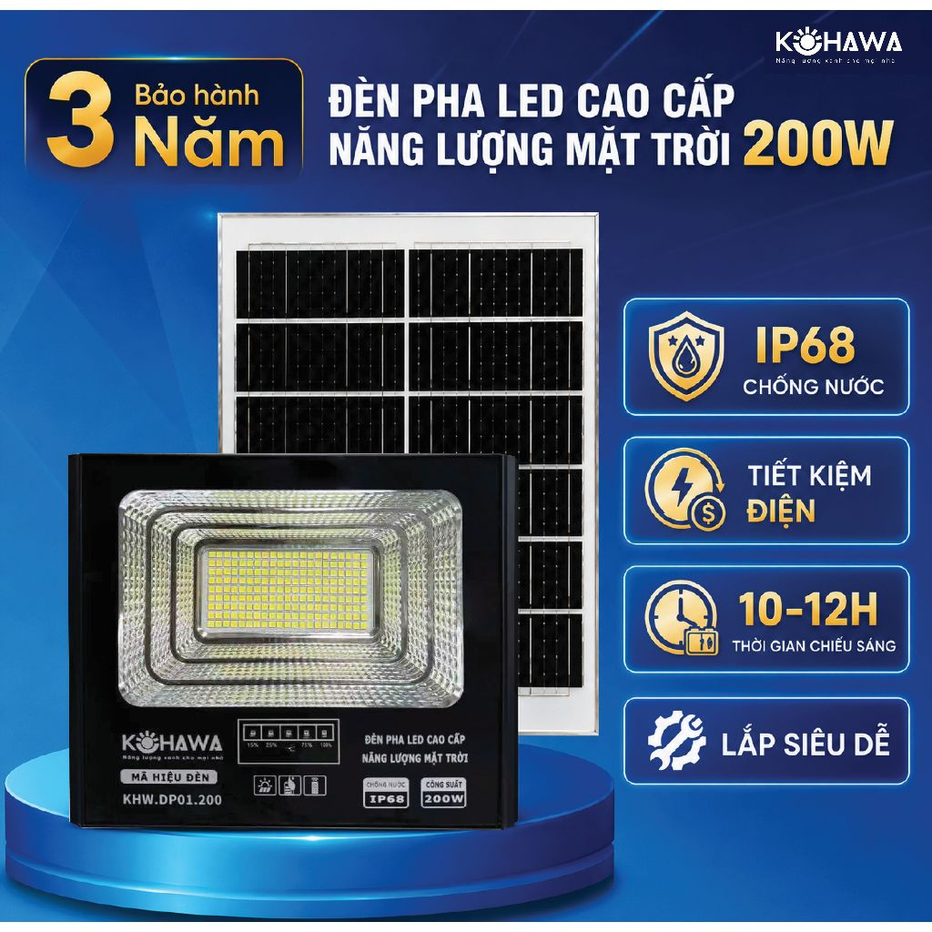 Đèn Pha LED Năng Lượng Mặt Trời 200W KOHAWA- vỏ hợp kim nhôm bền bỉ - Chống Nước IP68, Pin 20.000mAh -K.DP01.200