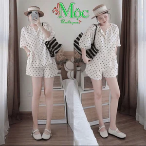 Set bộ đùi, Set thiết kế mặc hè chất Mango áo cổ tròn tay bồng full chấm bi phối quần đùi xinh iu
