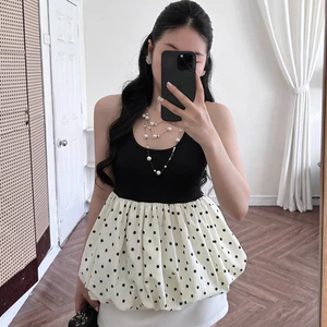 Áo Kiểu Nữ BABEE Hai Dây Bản To Phối Tùng Chấm Bi Thiết Kế Khoét Lưng Gợi Cảm Sang Trọng Cá Tính