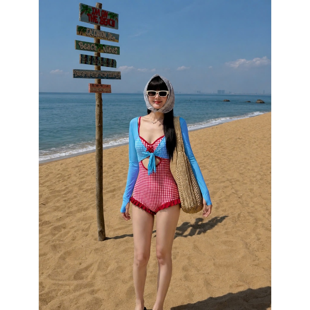 Đồ bơi nữ, bikini kín đáo đẹp, bikini liền mảnh, bikini không hở kẻ caro đỏ phối áo khoác xanh ôm body quyến rũ (B001)