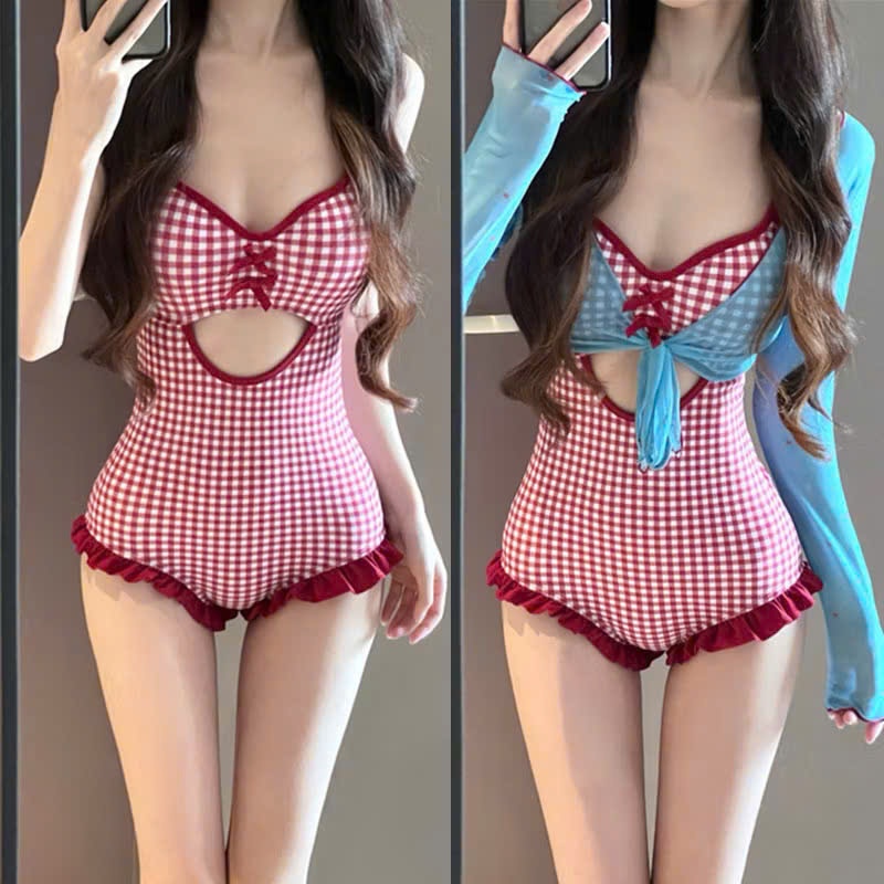 Đồ bơi nữ, bikini kín đáo đẹp, bikini liền mảnh, bikini không hở kẻ caro đỏ phối áo khoác xanh ôm body quyến rũ (B001)