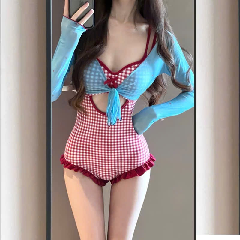 Đồ bơi nữ, bikini kín đáo đẹp, bikini liền mảnh, bikini không hở kẻ caro đỏ phối áo khoác xanh ôm body quyến rũ (B001)