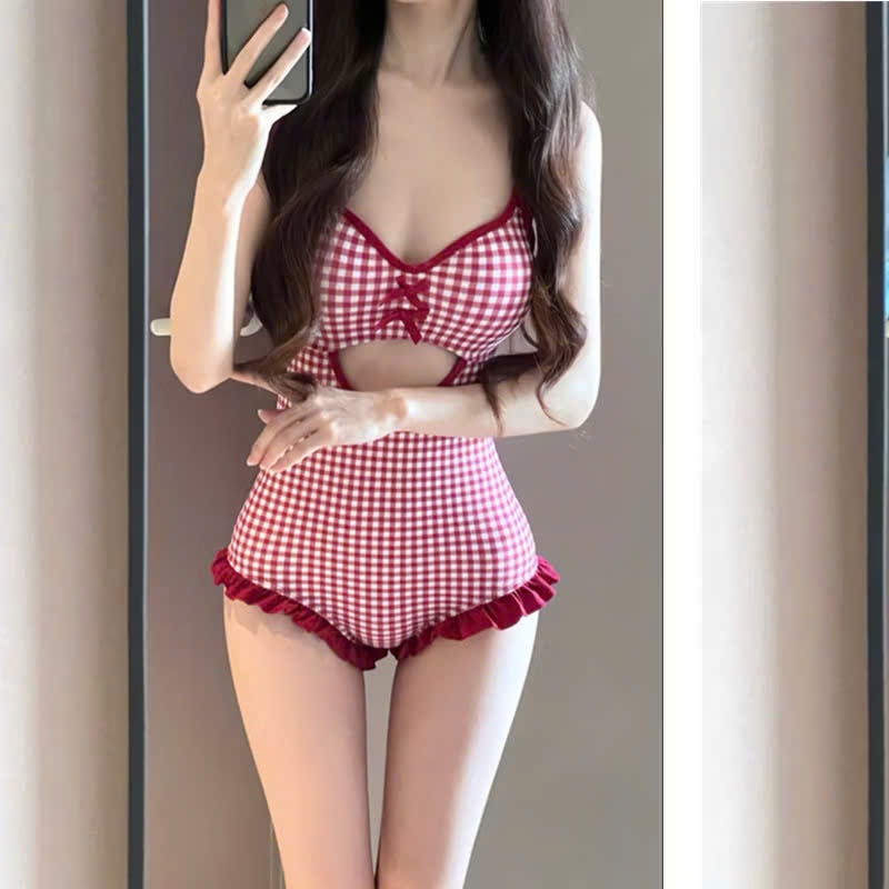 Đồ bơi nữ, bikini kín đáo đẹp, bikini liền mảnh, bikini không hở kẻ caro đỏ phối áo khoác xanh ôm body quyến rũ (B001)