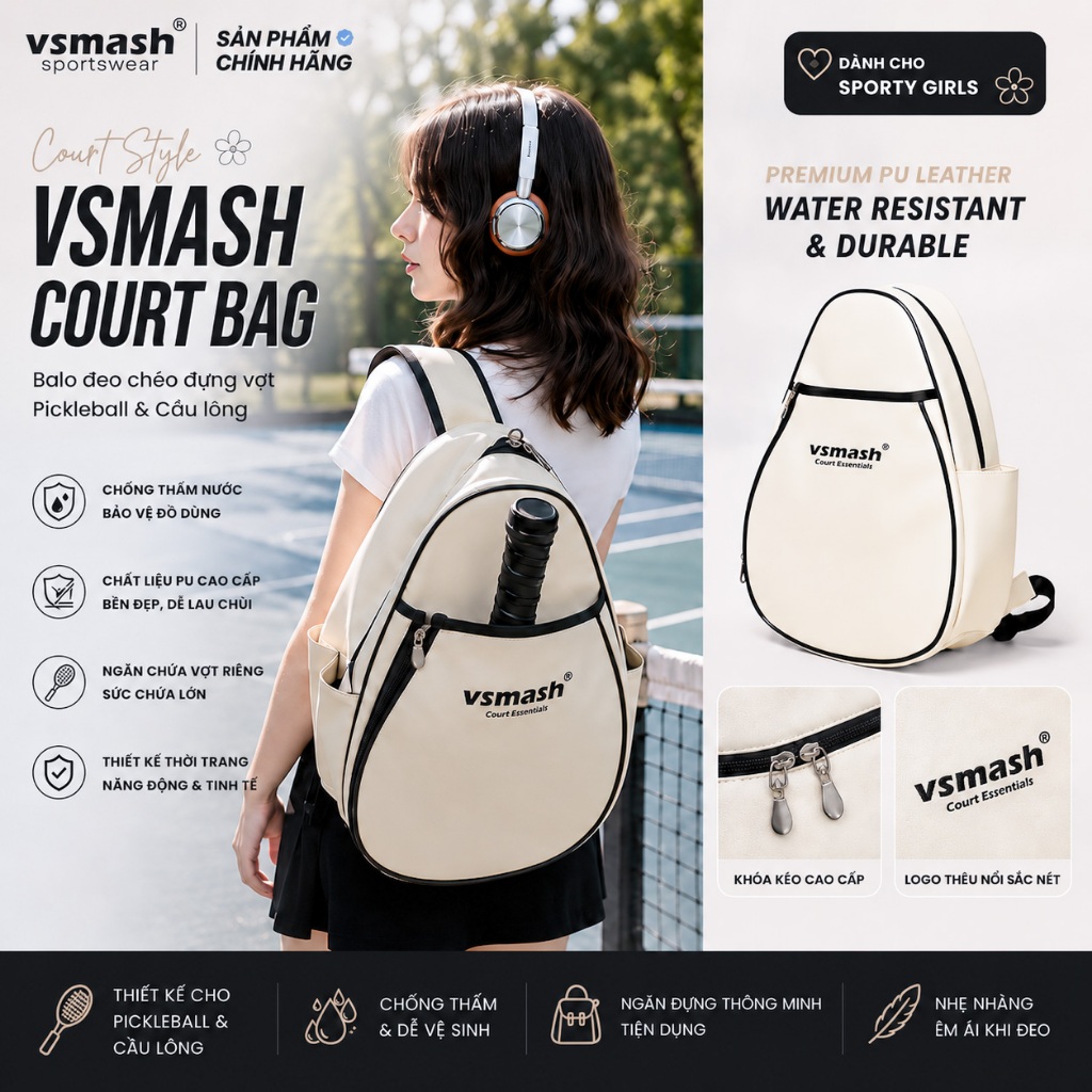 Balo đeo chéo đựng vợt Pickleball Cầu lông Vsmash Sportswear, Chất liệu da PU Cao Cấp Chống Nhăn Chống Thấm Dễ Lau Chùi