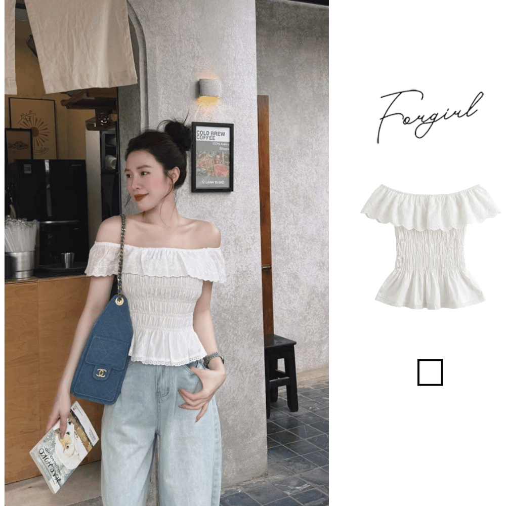 Áo Trễ Vai Nữ BORA ForgirlStudio Tay Bèo Viền Ren Form Xòe Phong Cách Tiểu Thư Hàn Quốc T227