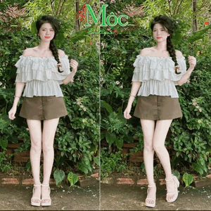 Set váy ngắn, set nữ sang chảnh, outfit hè siêu xinh, set áo trễ vai viền bèo Xốp mix váy ngắn Kaki có lót (DX)