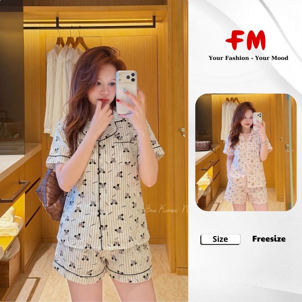 Đồ Bộ Ngắn Nữ FMSTYLE Quần Đùi Áo Cổ Bẻ 1 Túi Họa Tiết Dễ Thương 26020226