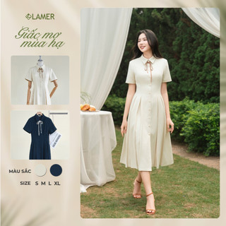 Đầm Công Sở Dáng Xòe LAMER FASHION Cộc Tay Trang Trí Nơ Cổ Thanh Lịch GMMH O63L26H010