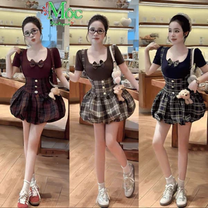 Set váy ngắn, set nữ mặc hè tiểu thưyếm bí sọc caro kèm gấu phối áo Thun Gân tay ngắn 3 màu