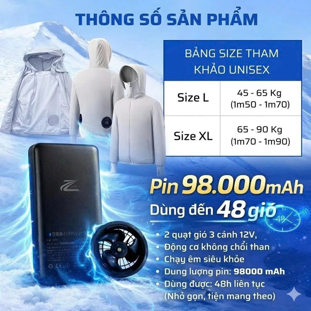Áo Quạt Điều Hoà Chống Nắng Pin Trâu 98.000 mAh, Áo Làm Mát Cơ Thể Tự Động Thổi Khí Điều Hoà Nhiệt Độ