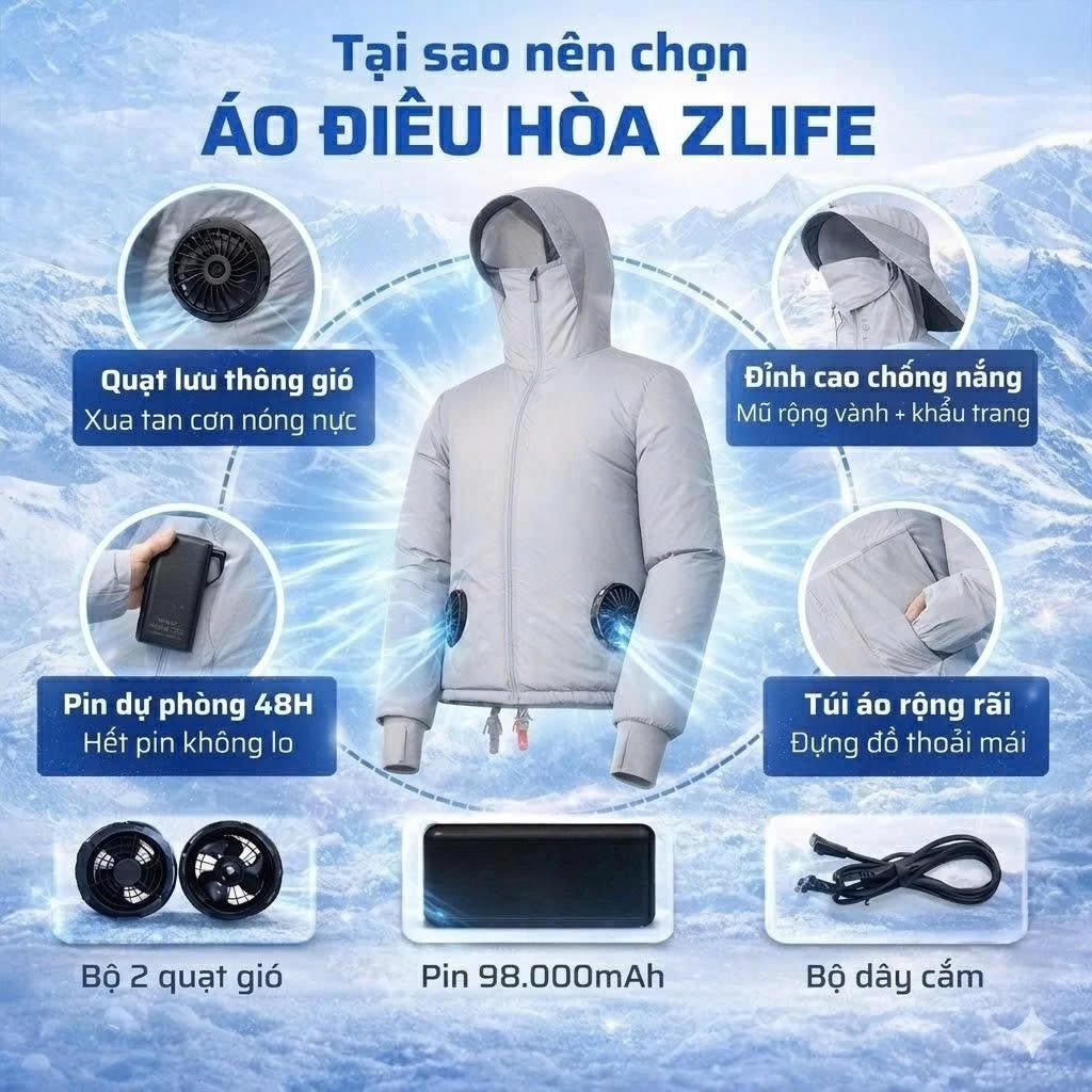 Áo Quạt Điều Hoà Chống Nắng Pin Trâu 98.000 mAh, Áo Làm Mát Cơ Thể Tự Động Thổi Khí Điều Hoà Nhiệt Độ