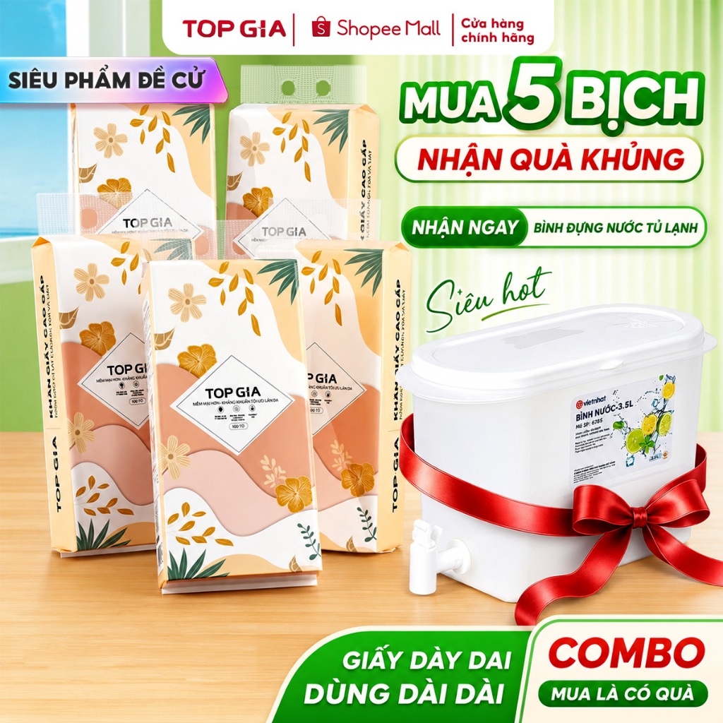 [TẶNG BÌNH ĐỰNG NƯỚC TỦ LẠNH CÓ VÒI] Khăn giấy rút Tiểu hạ Topgia thùng 5 bịch 5000 tờ mềm mịn, dày dai