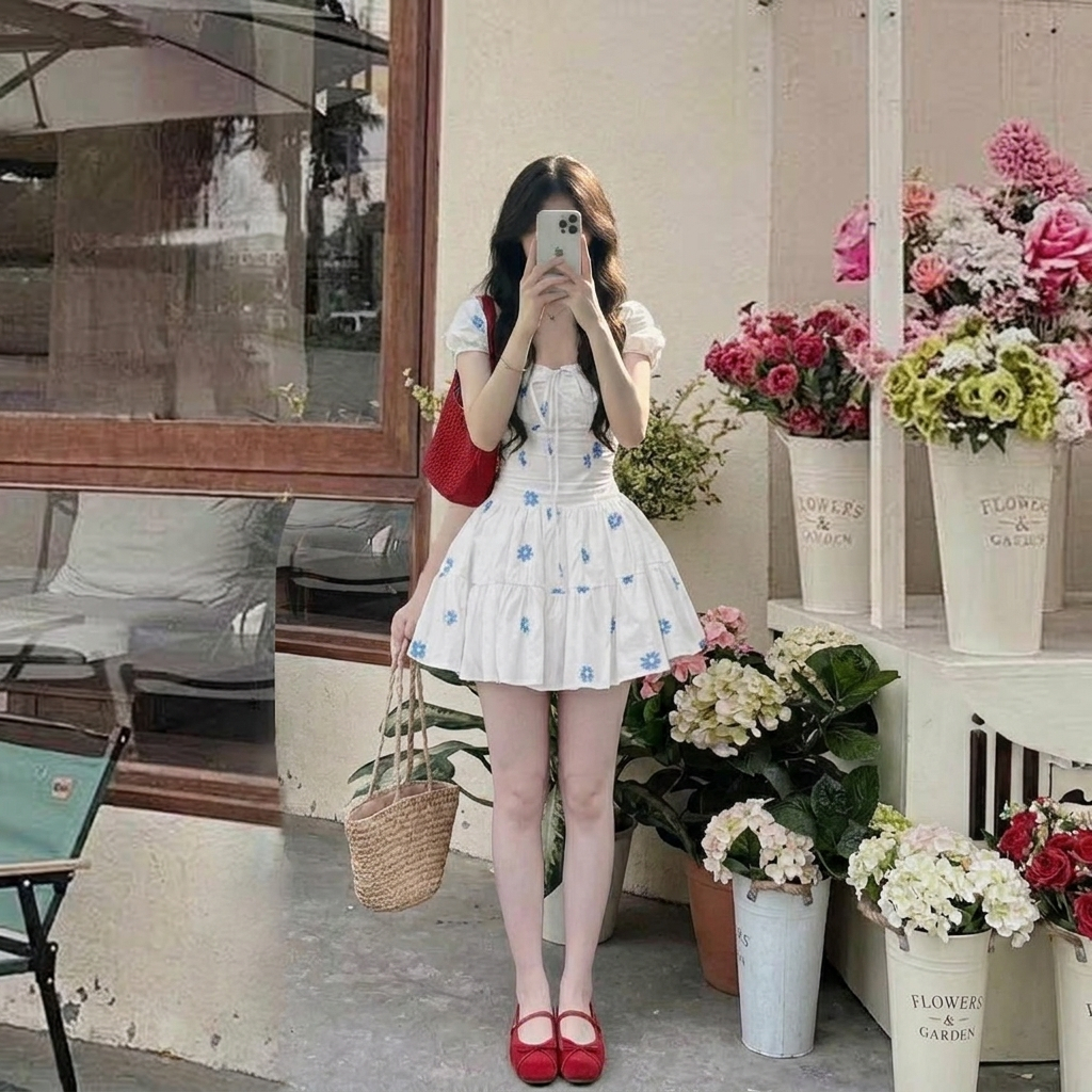 Váy đầm công chúa dáng ngắn thêu hoa nhí cổ vuông đan dây ngực váy milkmaid dáng xòe bèo tầng HCOM26105