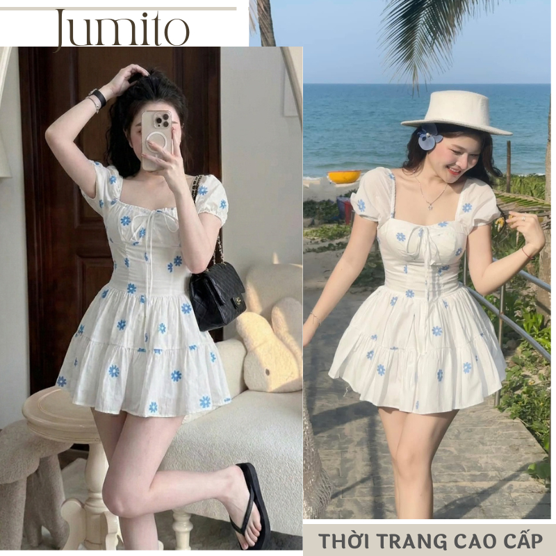 Váy đầm công chúa dáng ngắn thêu hoa nhí cổ vuông đan dây ngực váy milkmaid dáng xòe bèo tầng HCOM26105