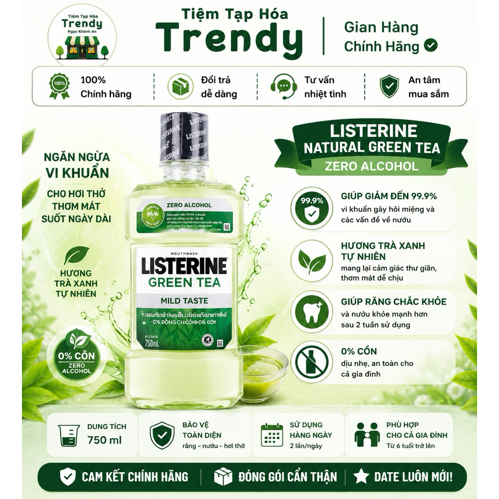 [SL CÓ HẠN] Nước Súc Miệng Trà Xanh Listerine Natural Greentea Zero Alcohol Listerine 750ml