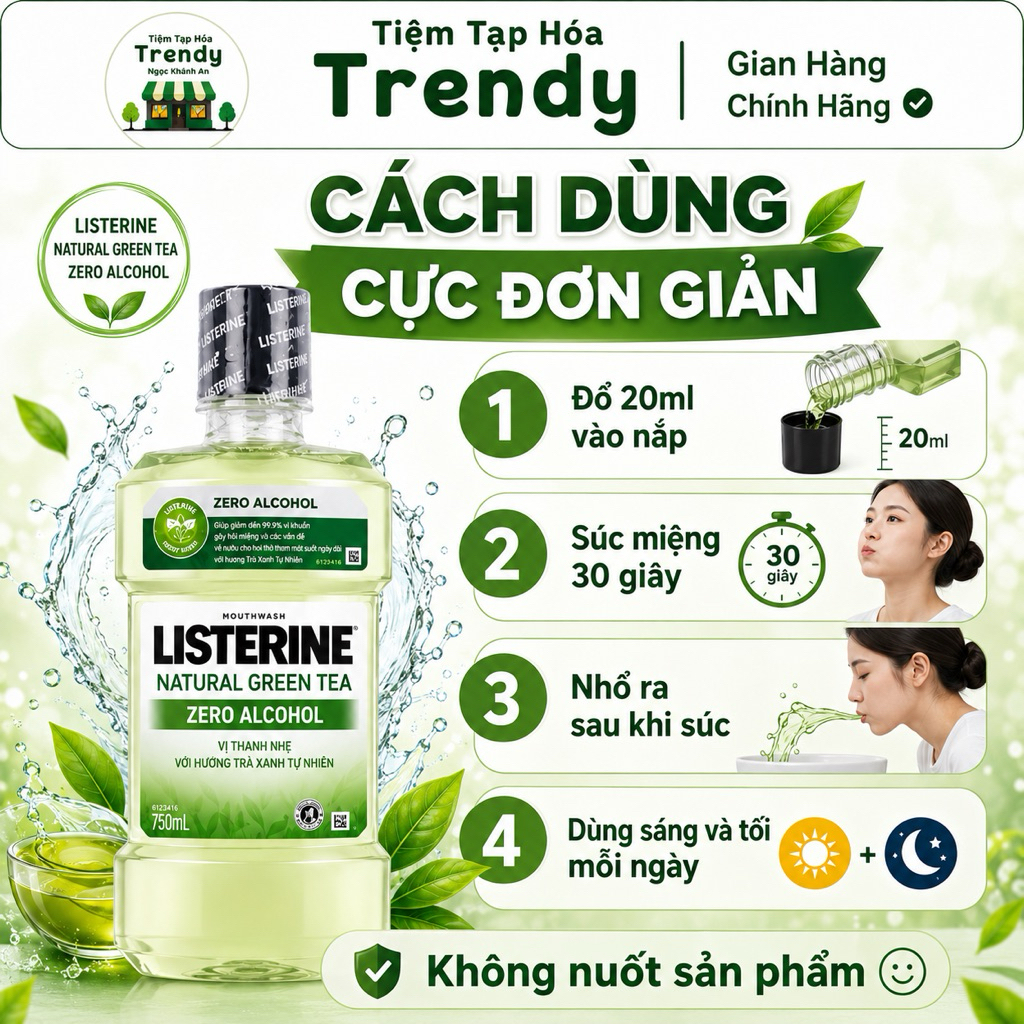 [SL CÓ HẠN] Nước Súc Miệng Trà Xanh Listerine Natural Greentea Zero Alcohol Listerine 750ml