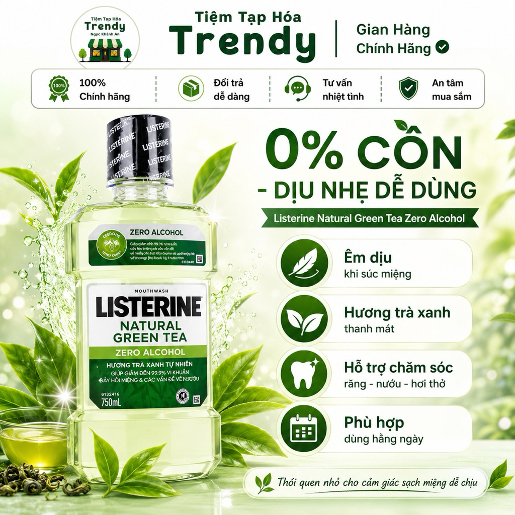 [SL CÓ HẠN] Nước Súc Miệng Trà Xanh Listerine Natural Greentea Zero Alcohol Listerine 750ml