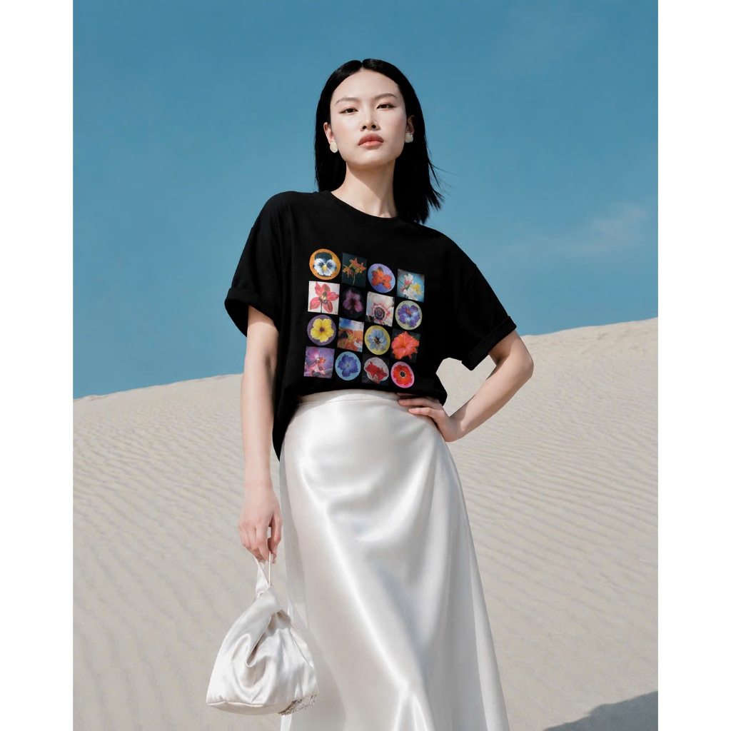 Áo Thun Boxi Ô Hoa Trắng Năng Động, Chất Cotton Mềm Mịn, Có Kèm Hình Thật.