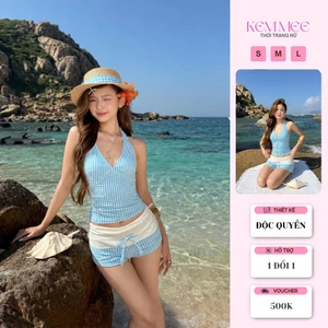 Set bikini đi biển 2 mảnh, set đồ bơi 2 mảnh kẻ caro xanh kín đáo sexy cho nữ, set đồ đi biển 2 món (B002)