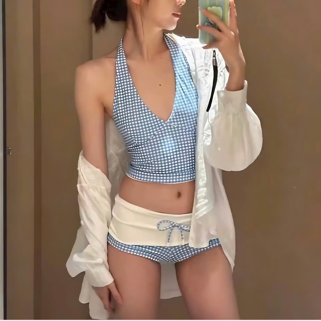 Set bikini đi biển 2 mảnh, set đồ bơi 2 mảnh kẻ caro xanh kín đáo sexy cho nữ, set đồ đi biển 2 món (B002)