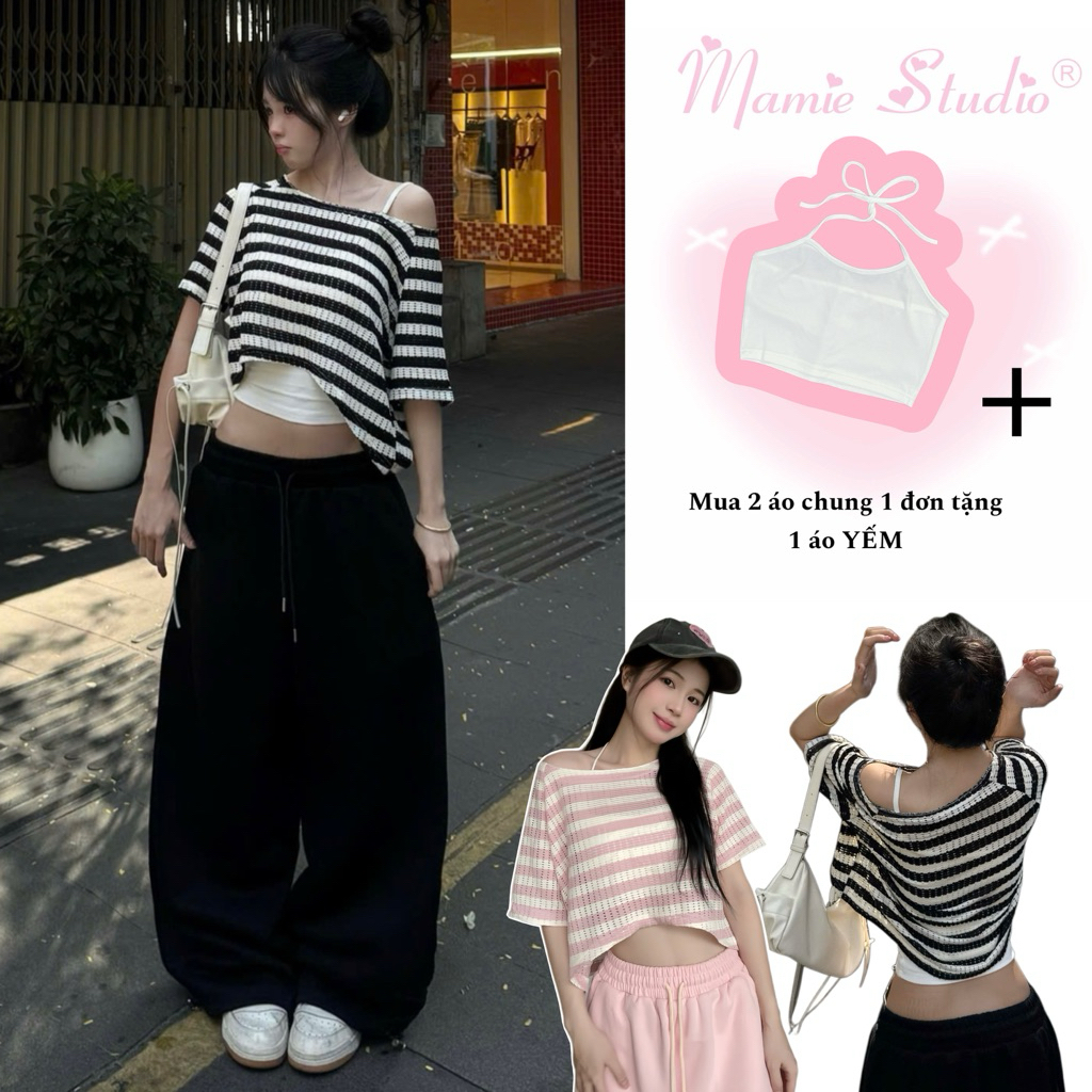 (2 Áo Tặng 1 Yếm) Áo croptop Mamie sọc lỗ chất dệt len thoáng khí, form rộng cho nữ (không kèm áo lót bên trong)