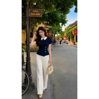 VT250637- SET BỘ ÁO THIẾT KỂ CỔ SEN TAY NGẮN KÈM QUẦN ỐNG SUÔNG