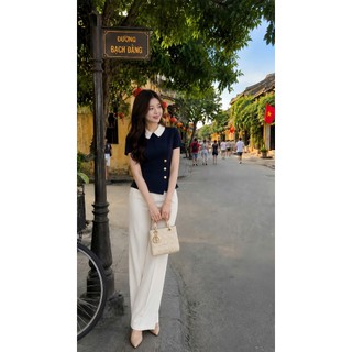 VT250637- SET BỘ ÁO THIẾT KỂ CỔ SEN TAY NGẮN KÈM QUẦN ỐNG SUÔNG